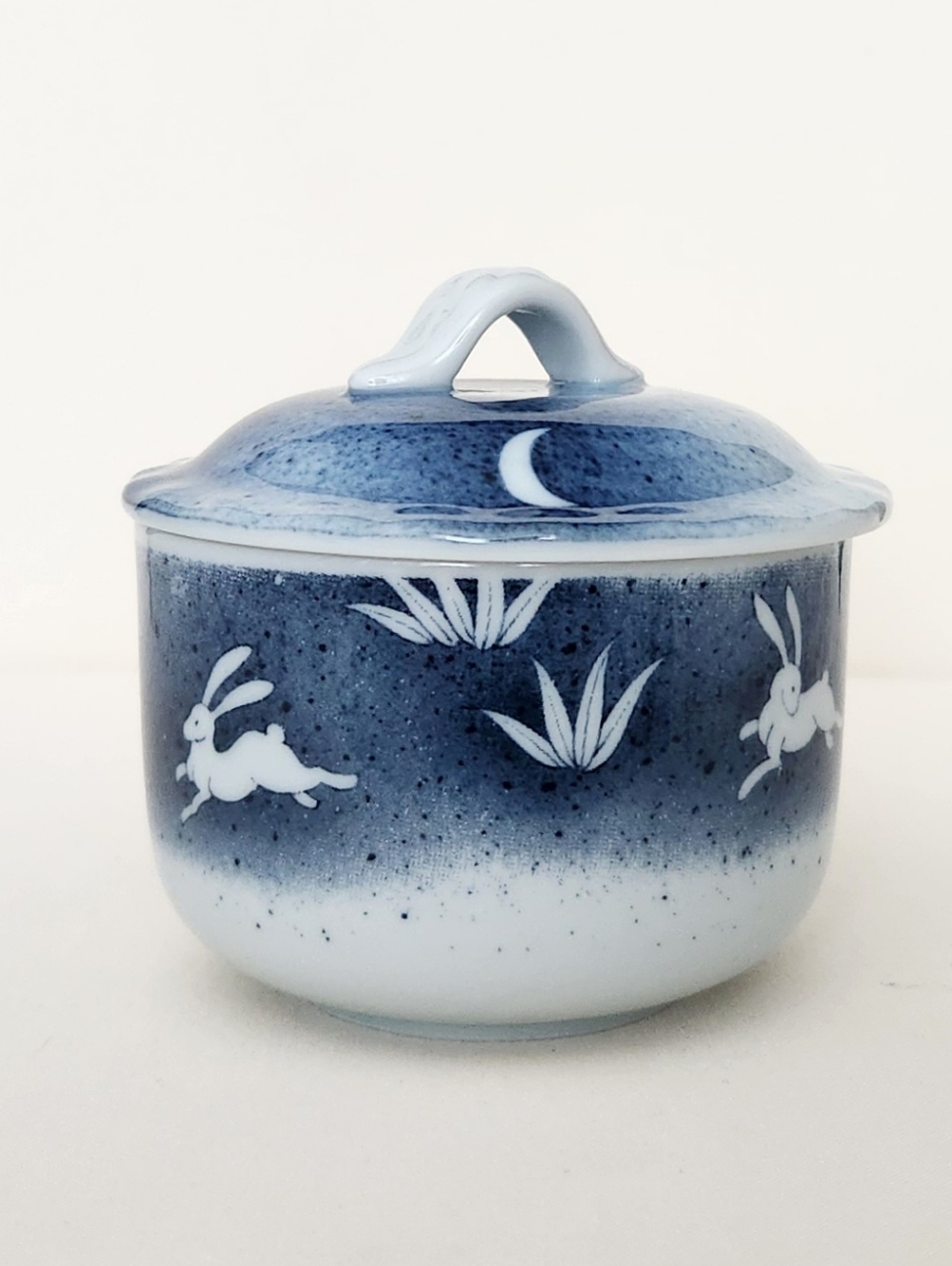 Vintage Japanese Chawanmushi Bowl in Blue Jumping Rabbit & Moon Pattern Japan